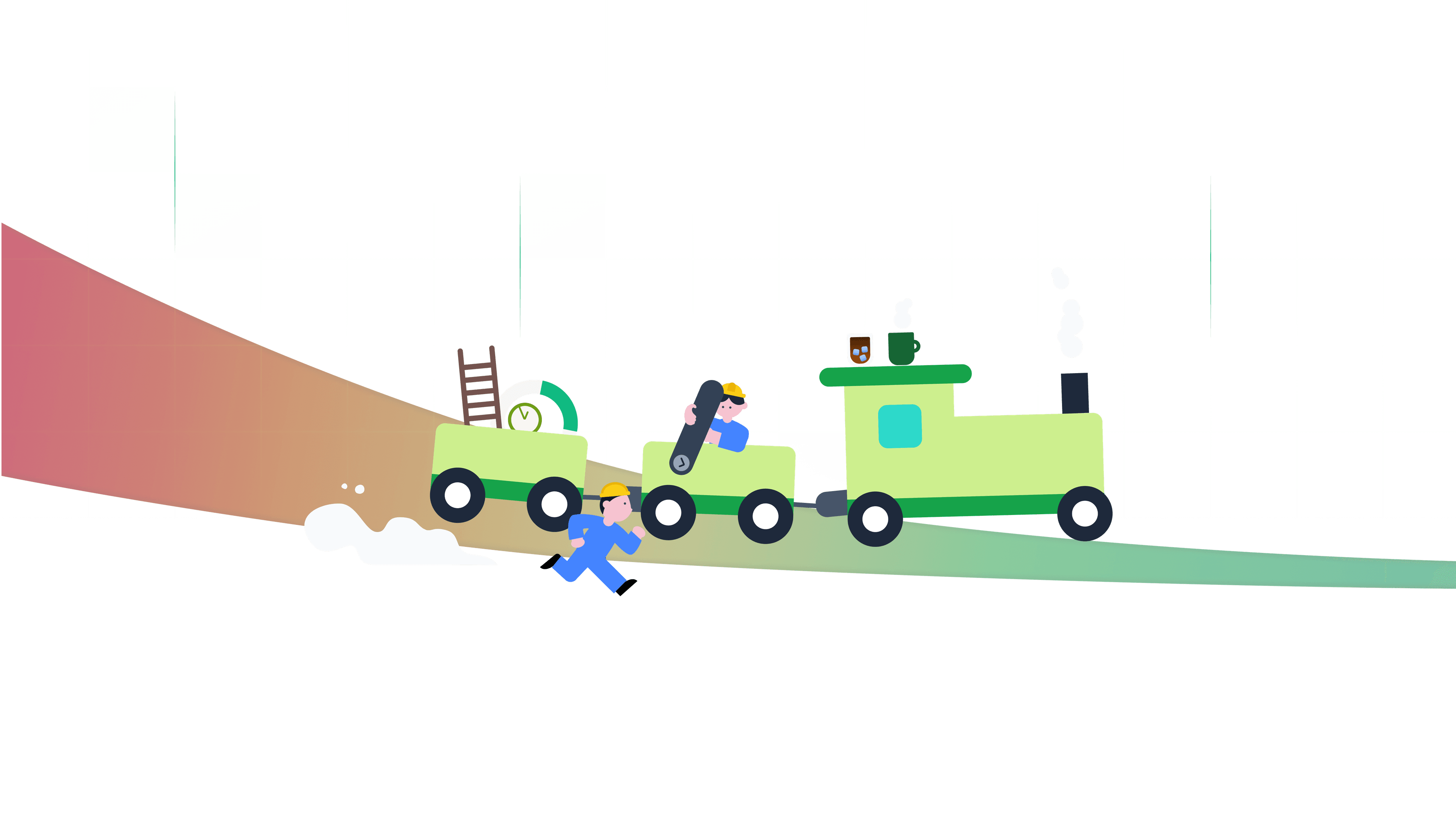 사람들이 함께 열차를 운행하는 모습이 표현된 상단 일러스트레이션